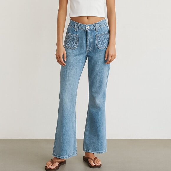 PACSUN Jeans 27 High Rise Bootcut Patch Pockets Y2K Boho Indie Denim Core - Picture 1 of 14